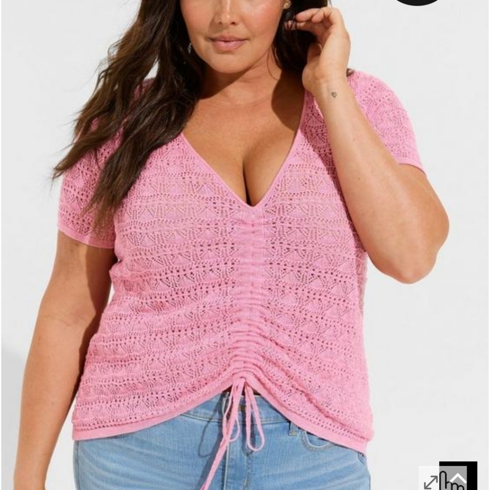 🆕️💗 2X PINK POINTELLE PULLOVER SHORT SLEEVE V-NECK FRONT TIE SWEATER💗